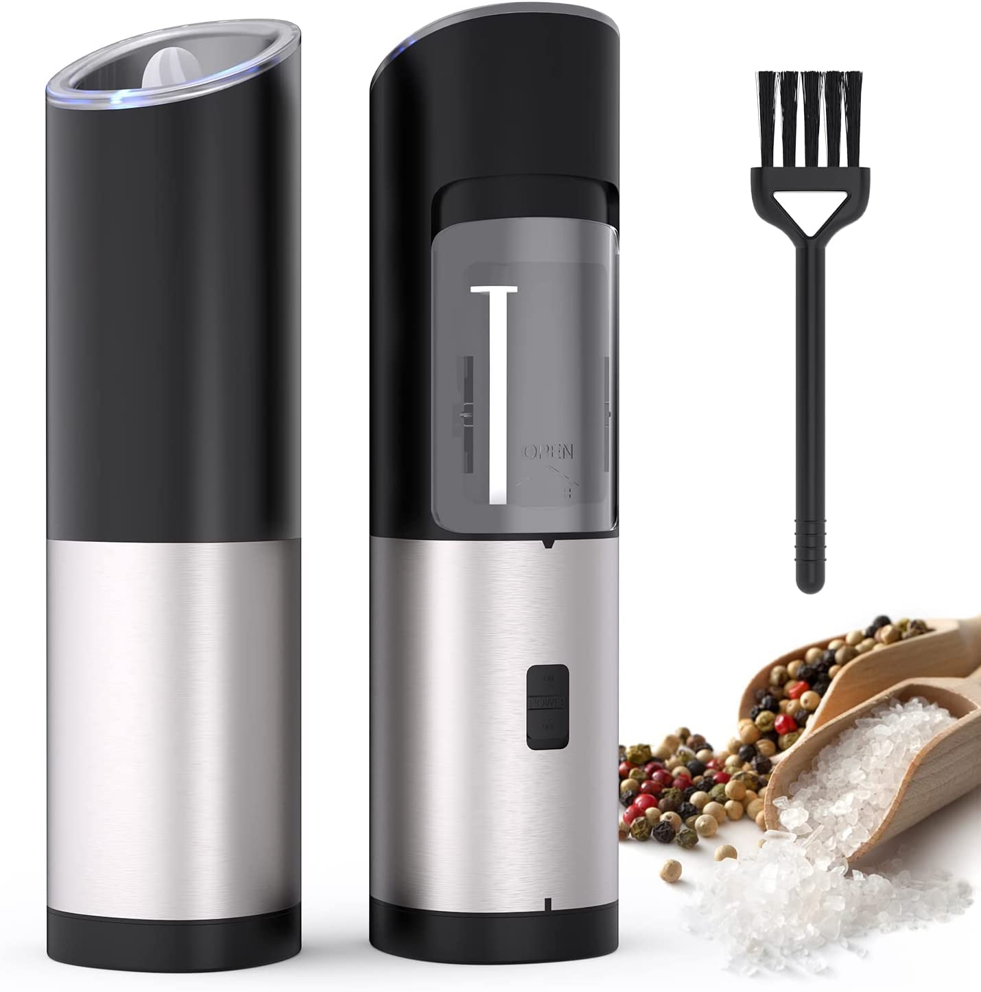 Gravity Electric Salt and Pepper Grinder Set, Adjustable Coarseness, Warm LED Light, Onehanded