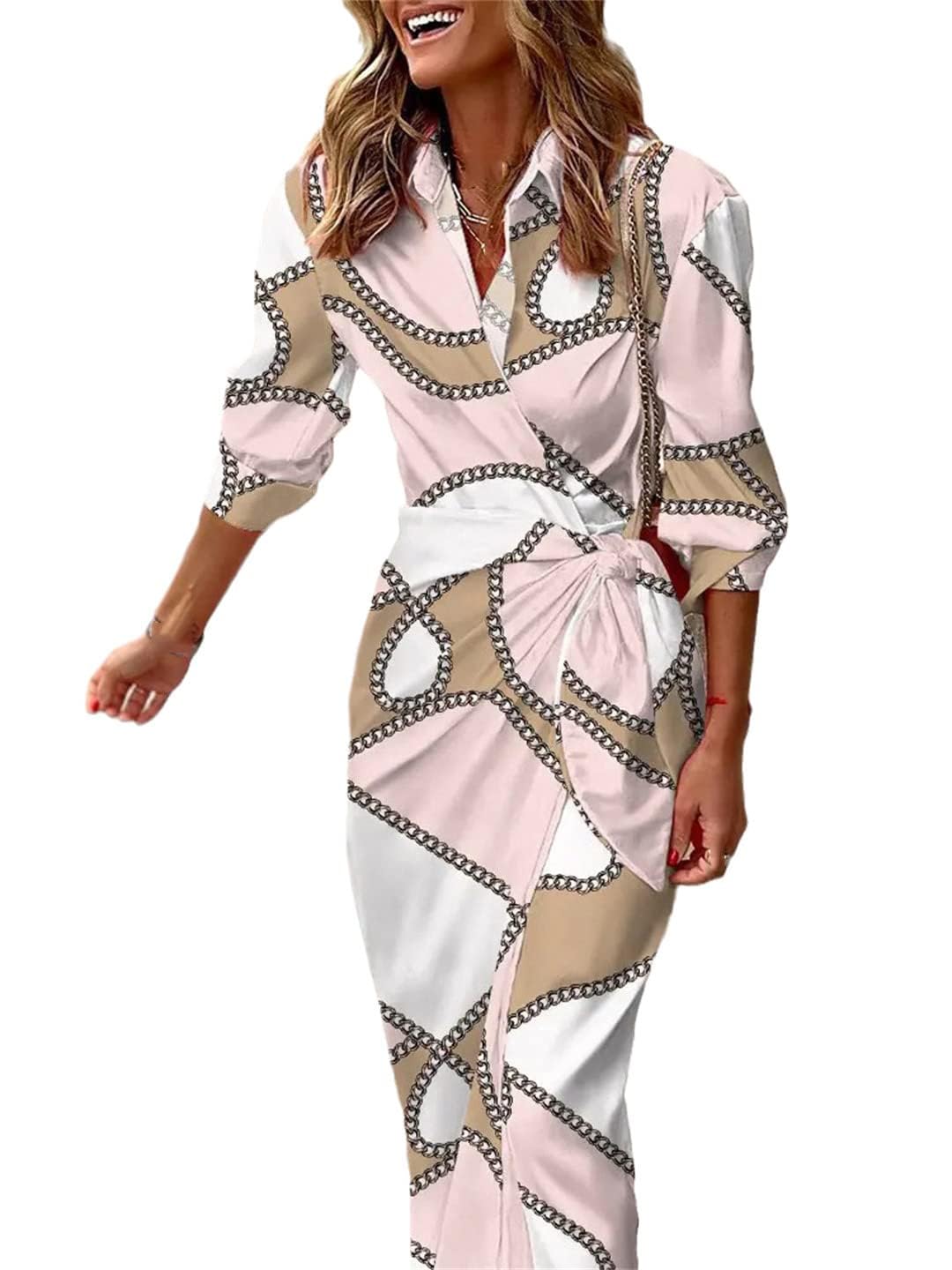 Generisch Frauen Casual Sommer Sundress V-Ausschnitt 3/4 Ärmel Frauen Taille Schnürung-up Split Abend Cocktail Lange Sexy Formal Flowy Kleid