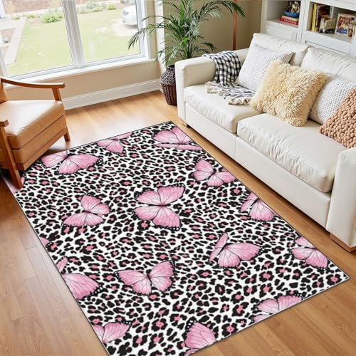 4x5 Pink Boho Rug Rugs for Living Room Rugs for Entryway Pink Butterfly Leopard Design Seamless Repeat Fashion etc Bedroom Rug Door Mat Nursery Room Decor Rainbow Carpet