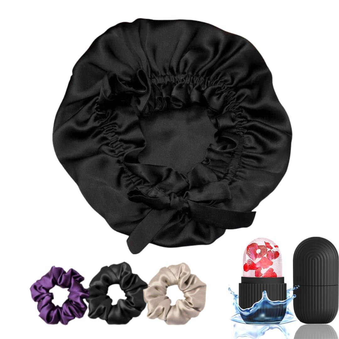 Atrube SatinSilkBonnet Reversible Sleep Cap with Adjustable tie Band Head wrap for Sleeping Hair Cover Women with Free Scrunchies and Comb Shower cap | Satin Hair Wrap Silkbonnet for Hair Black-picture-28
