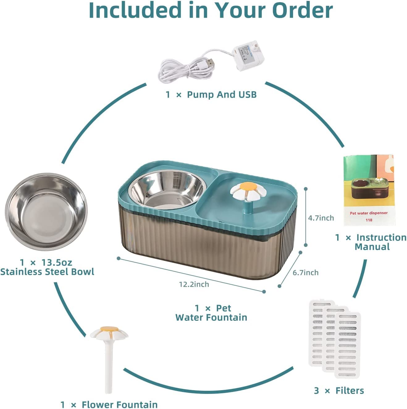 Cat Water Fountain and Food Bowl, 3L Ultra Quiet Pet Water Dispenser with Smart Pump, Automatic Fountain & Stainless Steel Bowl - image 4