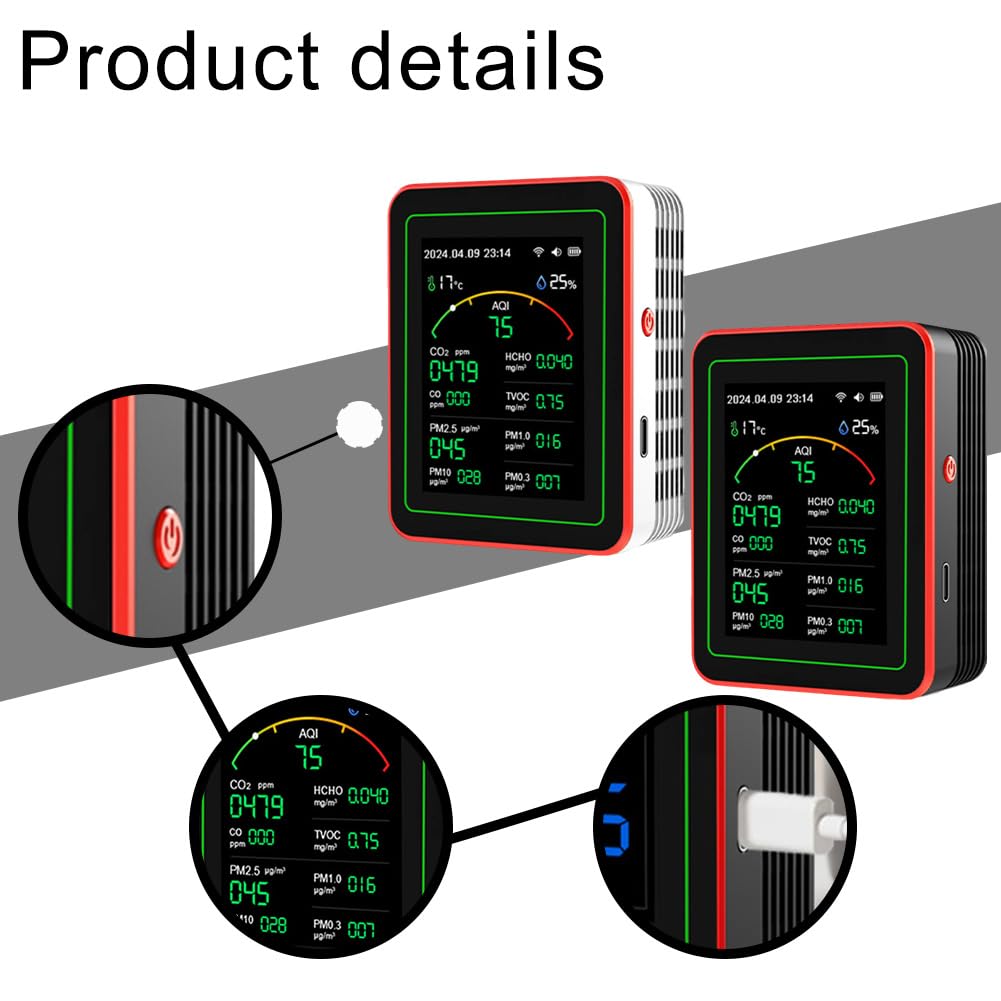 Monitor de calidad del aire 15 en 1 para el hogar y la oficina, sensor de aire interior en tiempo real con detección PM2.5 HCHO, probador IAQ para TUYA (negro)