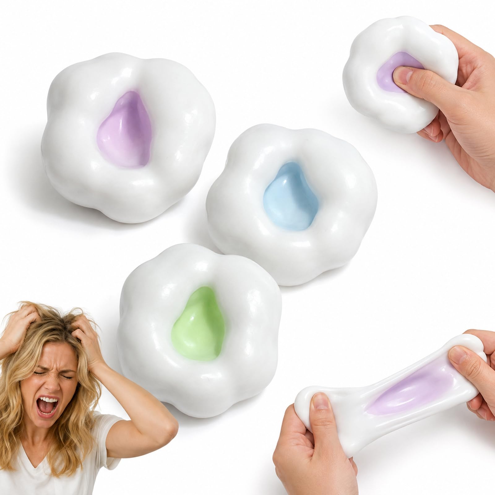 3Pcs Sand Squishy, Sensory Fidget, Ice Skin Glutinous Rice Balls Design, Soft Durable Stress Relief for Adults and Students, One Set with Three Assorted Colours: Blue, Green and Purple