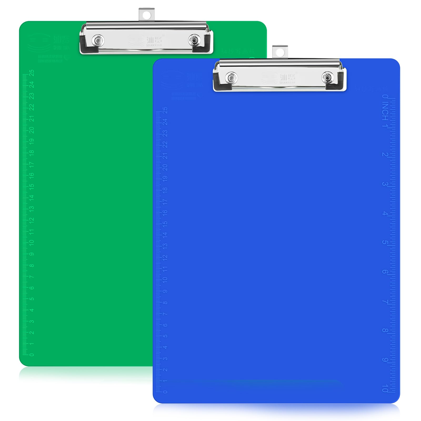 2 Pack Clipboards, A4 Letter Size,TFDLCG zm Thicker Clip Boards 8.5x11 Heavy Duty, Plastic Clipboard with Ruler,Low Profile Clipboards with Hanging Loop for School Home Office,Blue Green