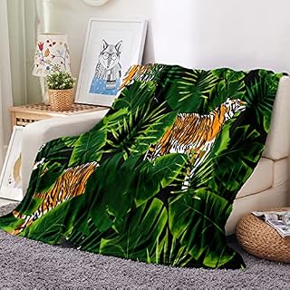 YUAOEUR 50x60 inch Micro Fleece Blanket Tiger in Tropical Jungle Print Flannel Throw Blanket Green Palm Pattern Throw for Couch, Sofa, Travel, Lap Easy Care - Super Soft Fuzzy - Warm and Cozy