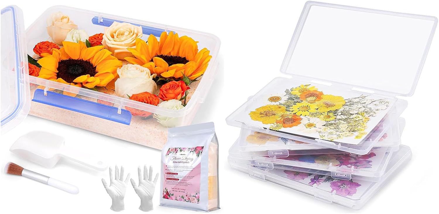 Aboofx 4 PCS Dried Flower Storage Set with Blotting Paper & 5LBS Flower Drying Silica Gel Crystals with Airtight Container, Brush, Ice Scraper & Gloves, for DIY Art Craft Lovers, Transparent & 5LBS