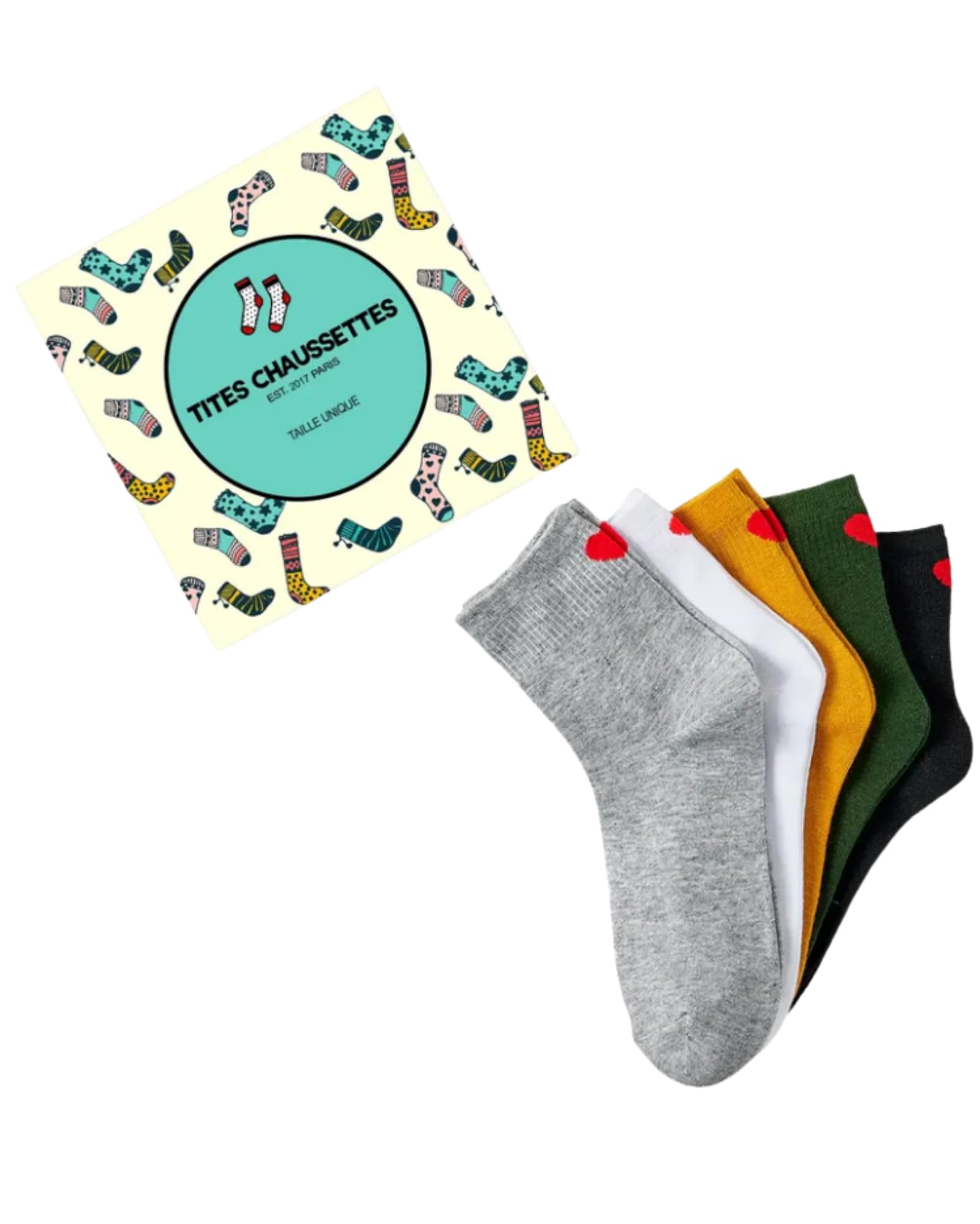 Lot de 5 Chaussettes sport côtelées à bandes et motif cœur rouge Pour femme Motif Coeur Hauteur : mi-haute ou haute Taille unique extensible : 35-41