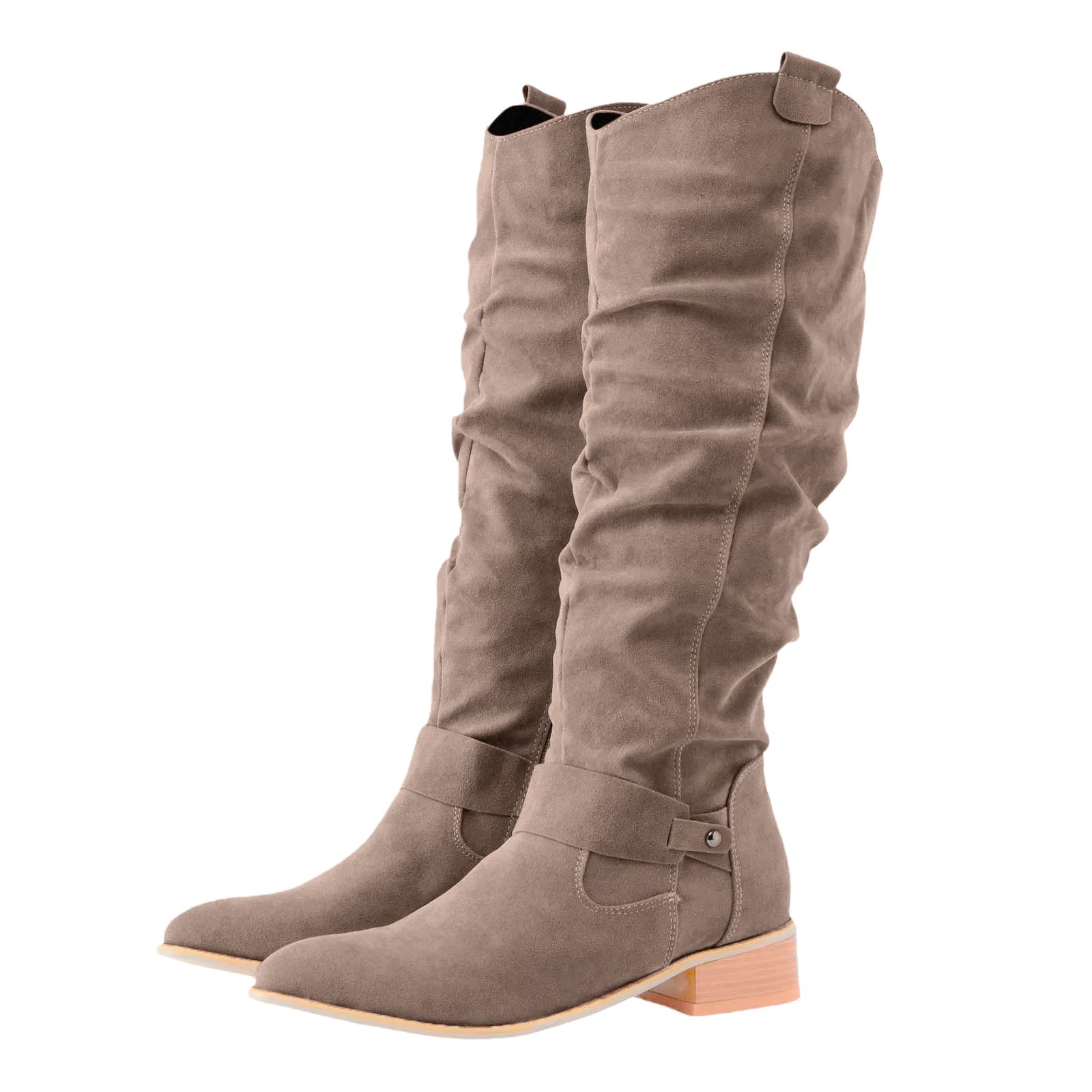 Womens Knee High Boots Faux Suede Wide Calf Western Cowgirl Boots Comfort Riding Combat Boot Side Zipper Retro