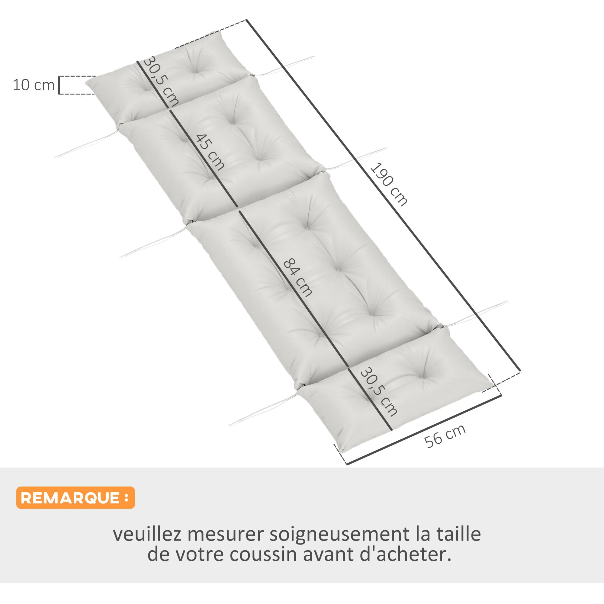 Outsunny Cojín Grueso para Tomar el Sol, cojín para Tumbona 190 x 56 x 10 cm, UPF20+, colchoneta para Tumbona con Seis Lazos, para jardín, terraza, balcón, Gris Claro | Cojín para silla larga, colchón para tumbona, con seis sujetadores, para jardín, terra