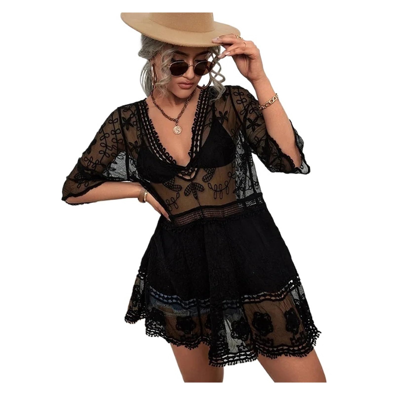 Bikini Cover Ups Maillots de Bain Femme Sexy Plage Couvrir col en v Femmes Plage Tunique Robe paréo Bikini Couvrir Haut en Crochet for Maillots de Bain Femme(Black)