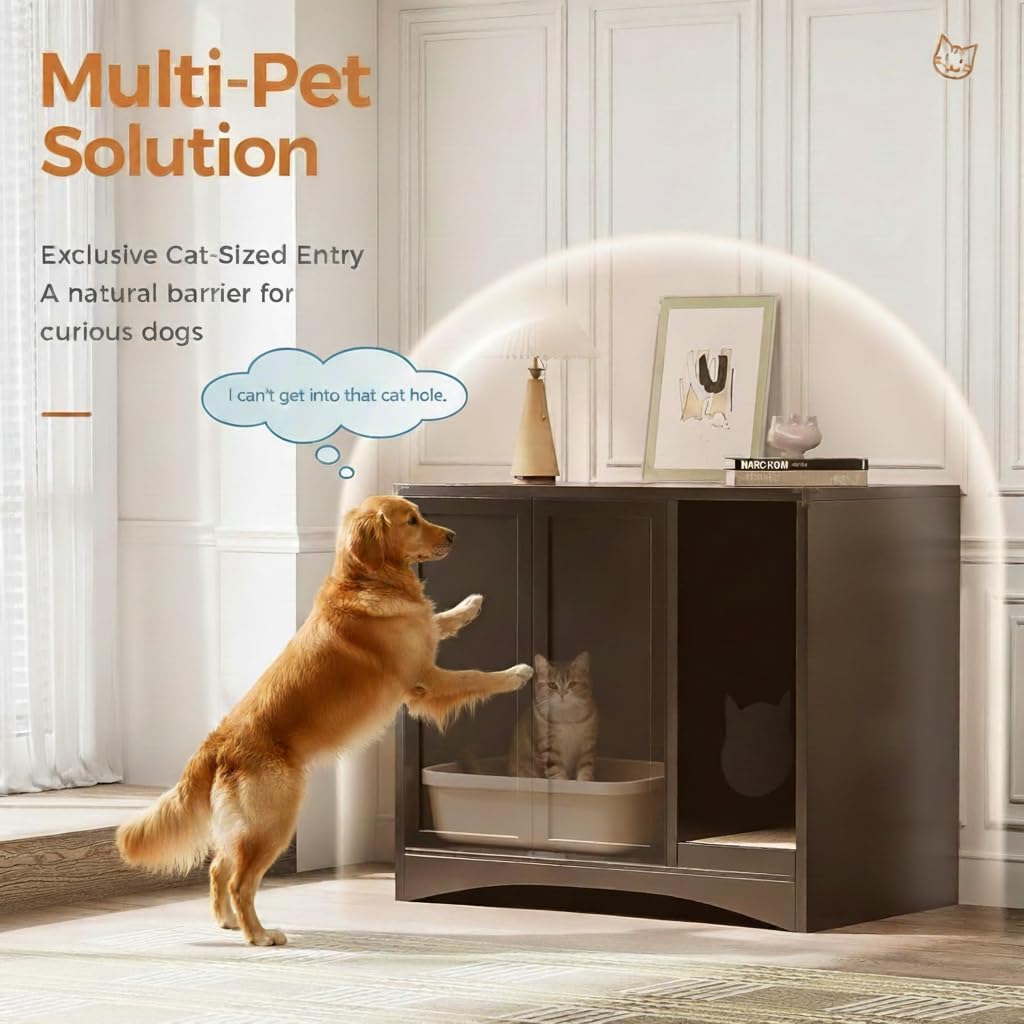 A dog attempting to reach into the AUN Cat Litter Box Enclosure, demonstrating its dog-proof design.