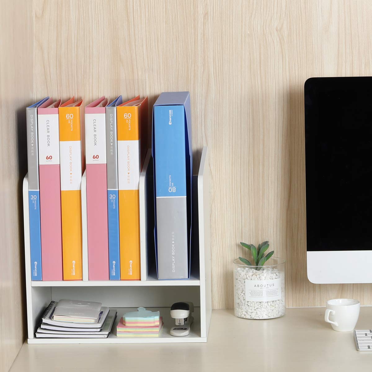 EasyPAG 4 Compartimentos Madera A4 Organizador Escritorio Clasificador oficina Estante Archivos Soporte Papeles Almacenamiento Documentos Bandeja Cartas,Blanco