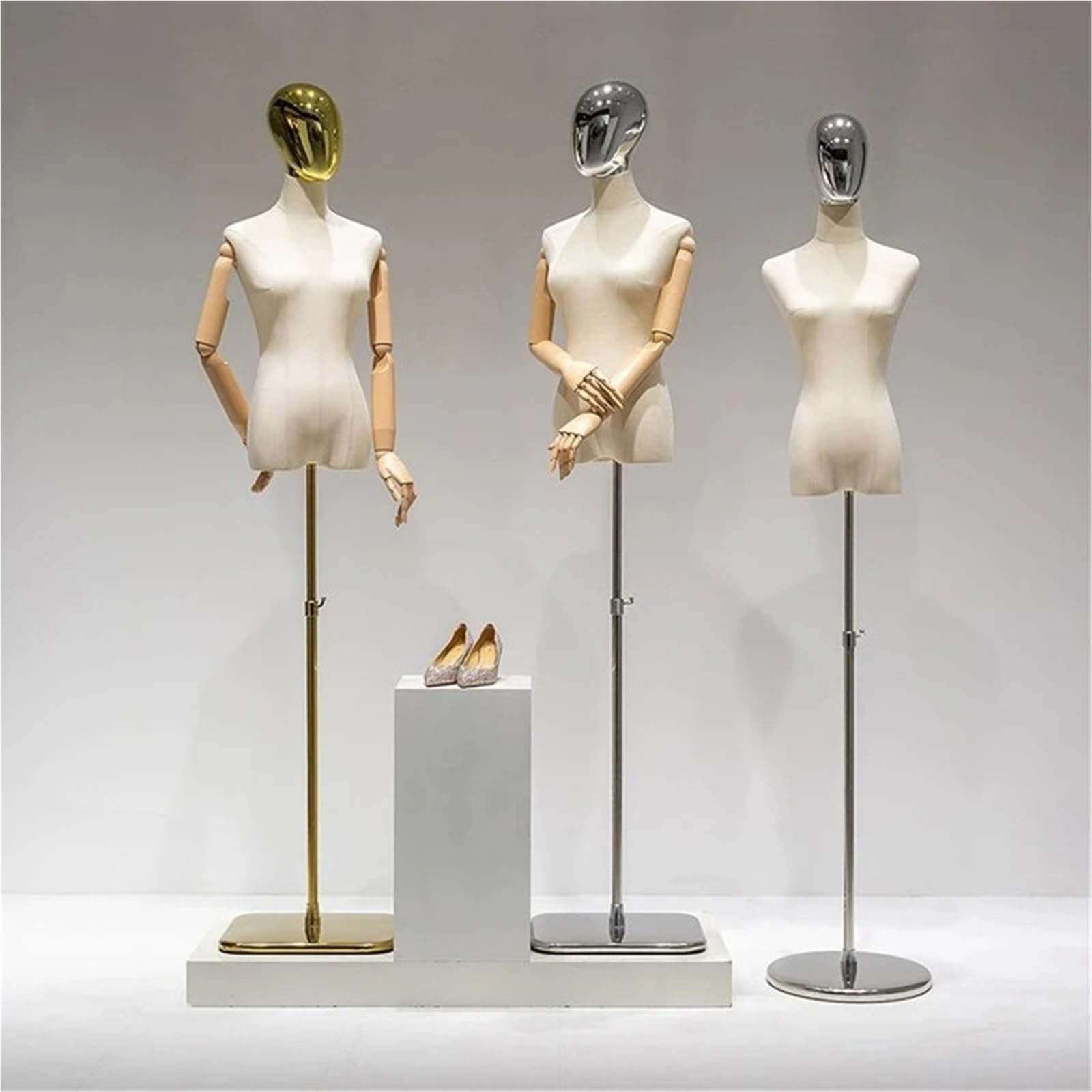 Schneiderpuppe Damen Halbkörper Schaufensterpuppe for Kleidung Weibliche Attrappe mit Chromkopf Torso(Silver no Hand)