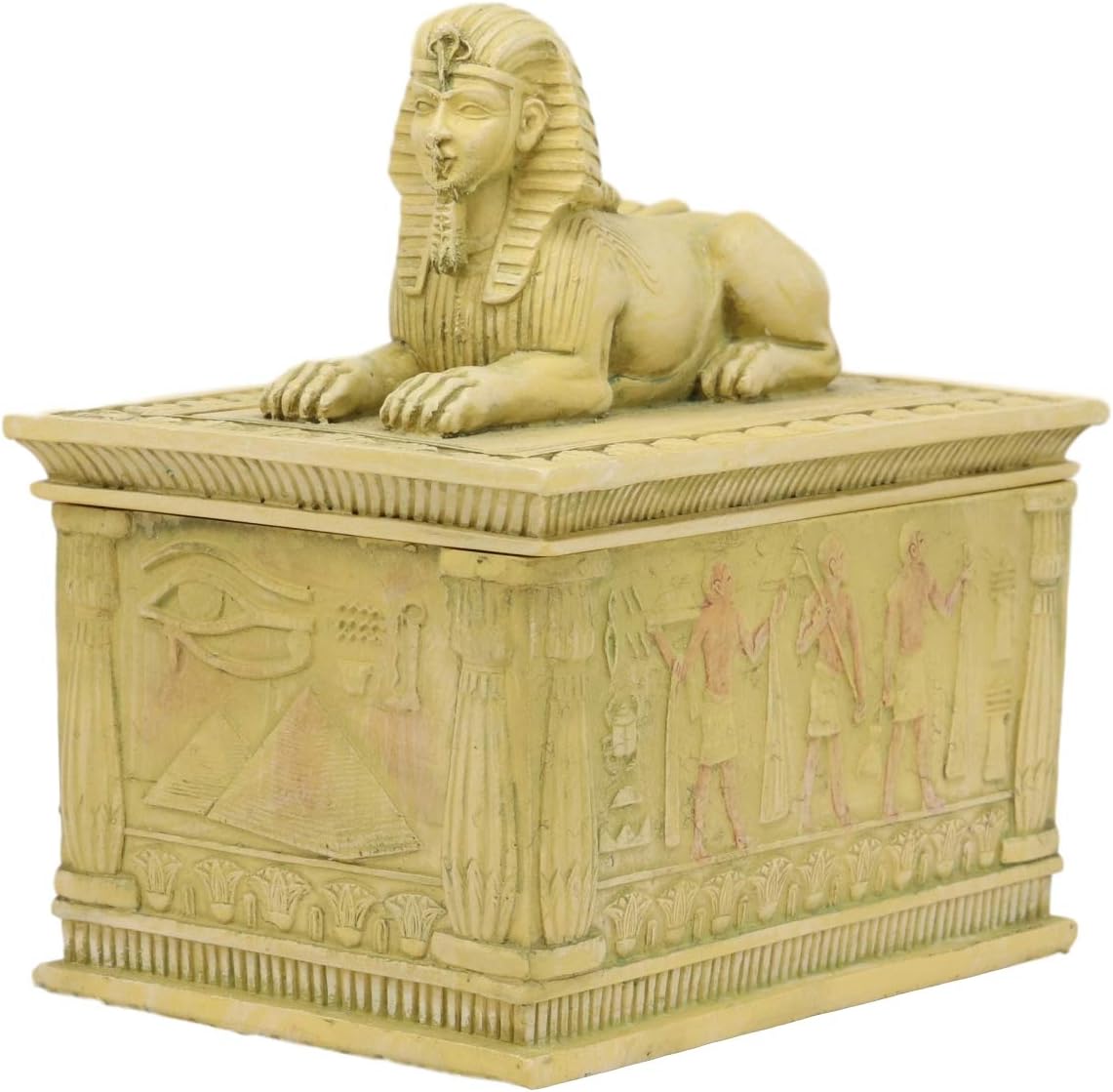 Ebros Egyptian Guardian Sphinx Decorative Rectangular Box In Sandstone Finish 4.25" Long Classical Egypt Monument Androsphinx With Hieroglyphic Deities Jewelry Trinket Box Sculpture