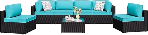 Miniatura 12 de Shintenchi 5 piezas de sofá seccional de patio al aire libre, juegos de muebles de mimbre PE negro, juegos de conversación de patio con cojines
