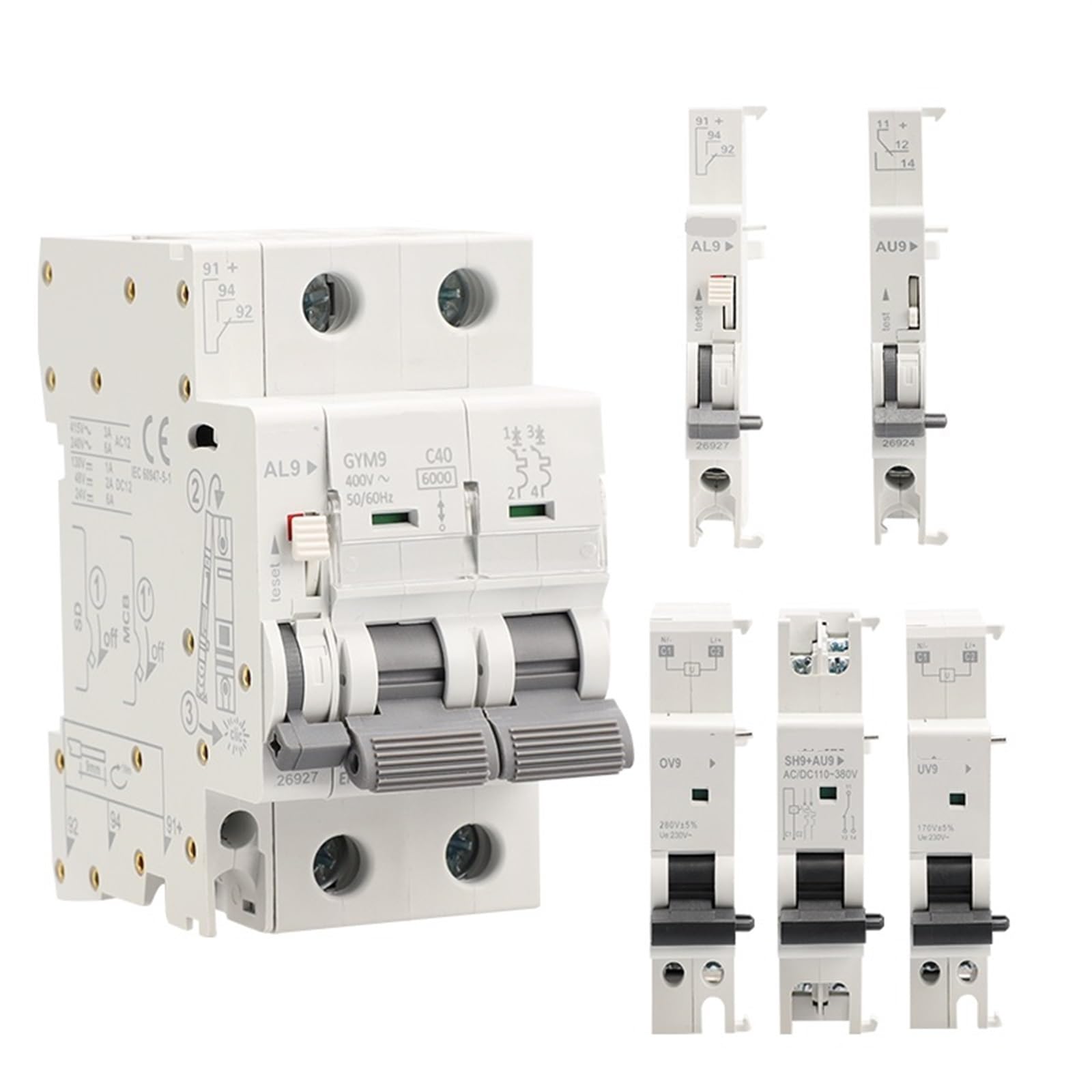 JJHQOKYNA GYM9 1A-63A Circuit Breaker Auxiliary Contact Alarm Shunt ReleaseTripping Device Over-Under Voltage Tripping 1Pcs(UV9)