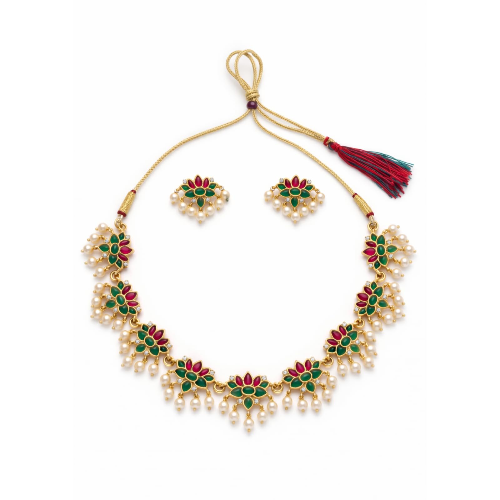Gold Plated Lotus Temple Jewellery Necklace Set with Earrings for Women | Floral Lotus Design with Green & Red Stones & Pearl Drops | Adjustable Thread Choker-image-42
