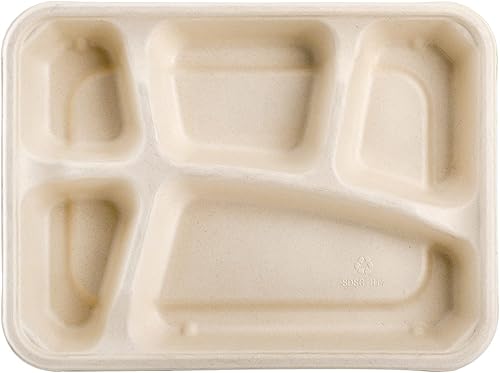 Miniatura 4 de Elsjoy Paquete de 50 platos desechables de 5 compartimentos, bandeja de almuerzo escolar compostable de 11 x 8 pulgadas, platos de papel divididos,