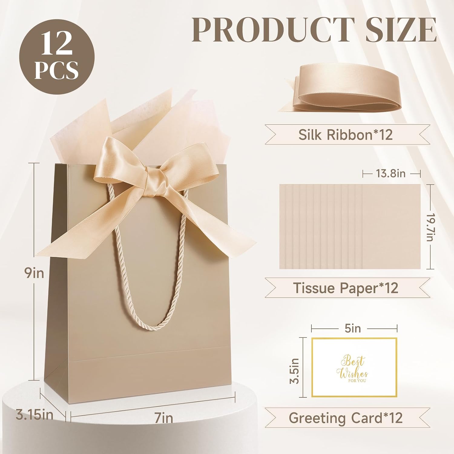 Ethhqu 12 Pack Small Gift Bags with Handles Include Tissue Papers & Cards, 9x7x3.15'' Thank You Gift Bags for Bridesmaids, Birthday, Baby Shower, Wedding, Anniversary, Mother’s Day (Champagne)
