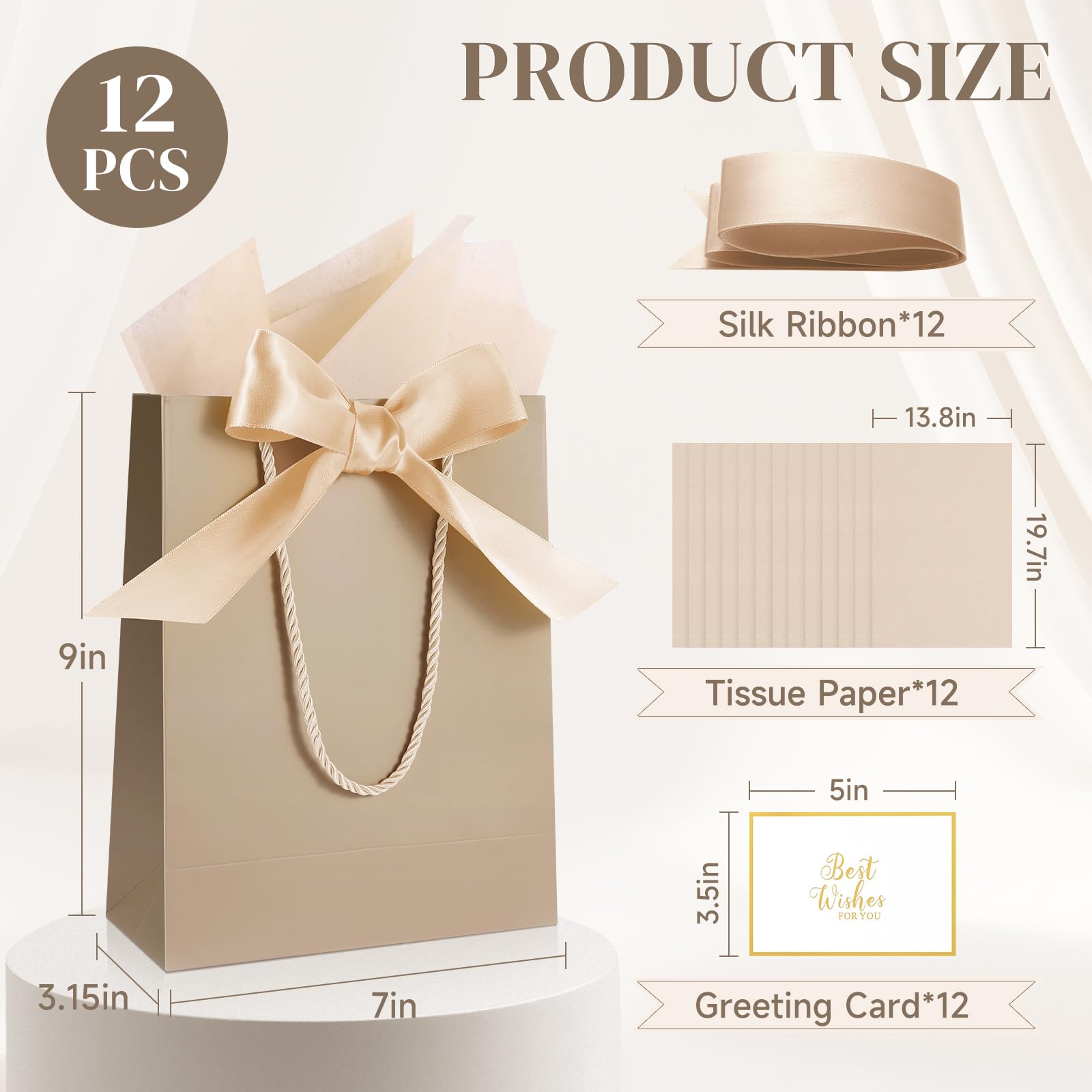 Ethhqu 12 Pack Small Gift Bags with Handles Include Tissue Papers & Cards, 9x7x3.15'' Thank You Gift Bags for Bridesmaids, Birthday, Baby Shower, Wedding, Anniversary, Mother’s Day (Champagne)