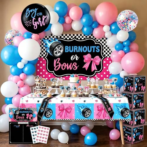 Burnouts or Bows Gender Reveal Decorations Boy or Girl Gender Reveal Party Decorations with Backdrop Balloon Arch Tablecloth Cake Toppers Sash and Baby Boxes Voting Boards and Sticker