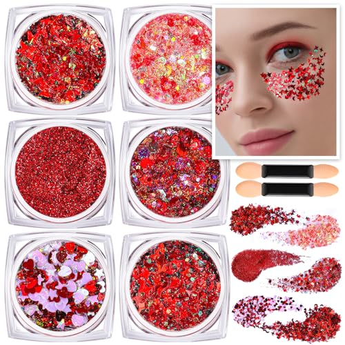 Teenitor Face Glitter Red Body Glitter Gel Hair Glitter 6 Shapes Festival Rave Body Makeup Glitters Gel Chunky Sparkling Glitter for Face Body and Hair