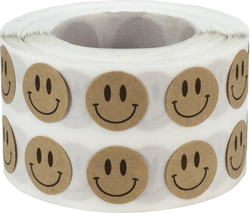 Happy Face Stickers Natural Brown Kraft Happy Face Labels 0.50 Inch 1,000 Total Adhesive Stickers