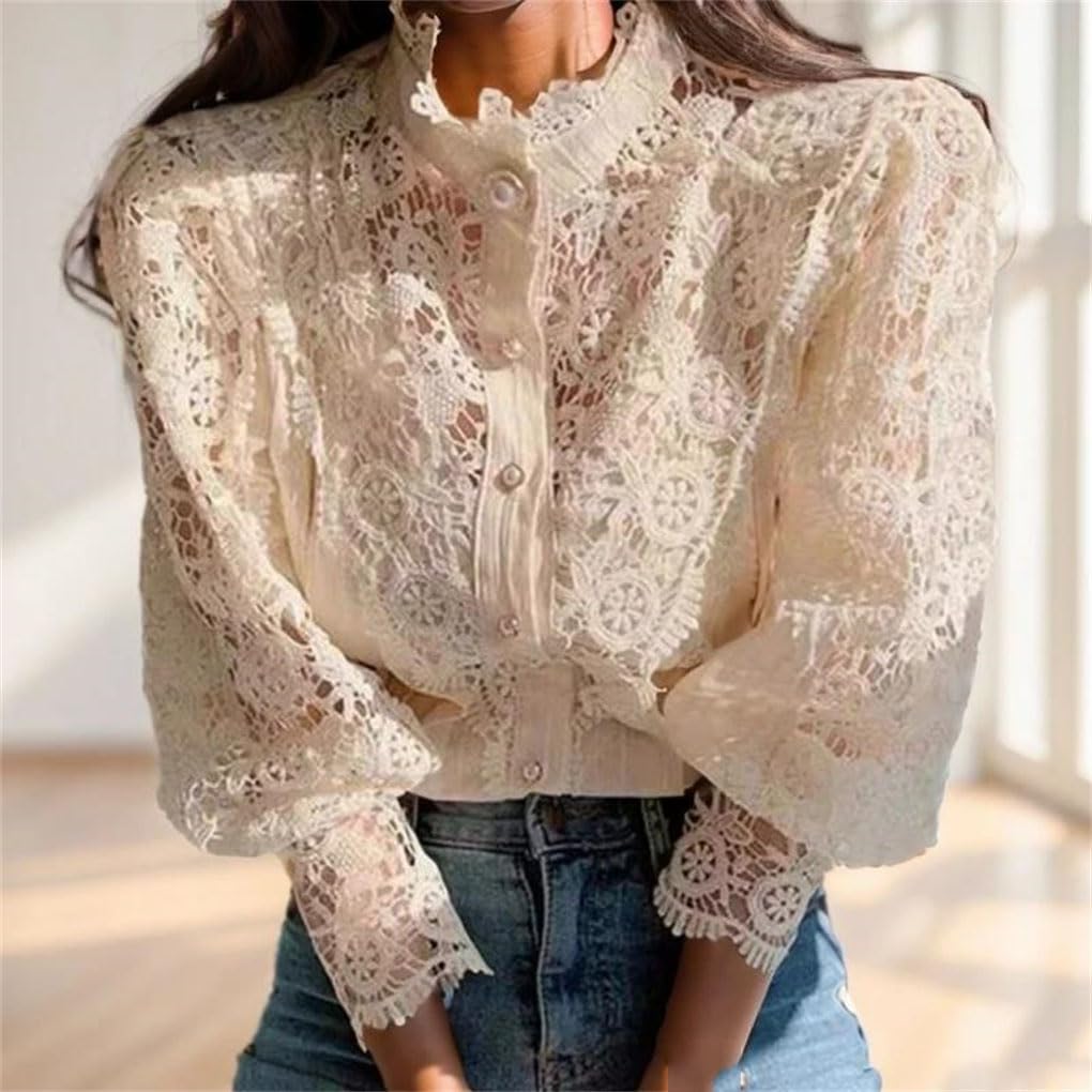 Camisa de encaje hueco con cuello alto para mujer, color liso, empalme de manga larga