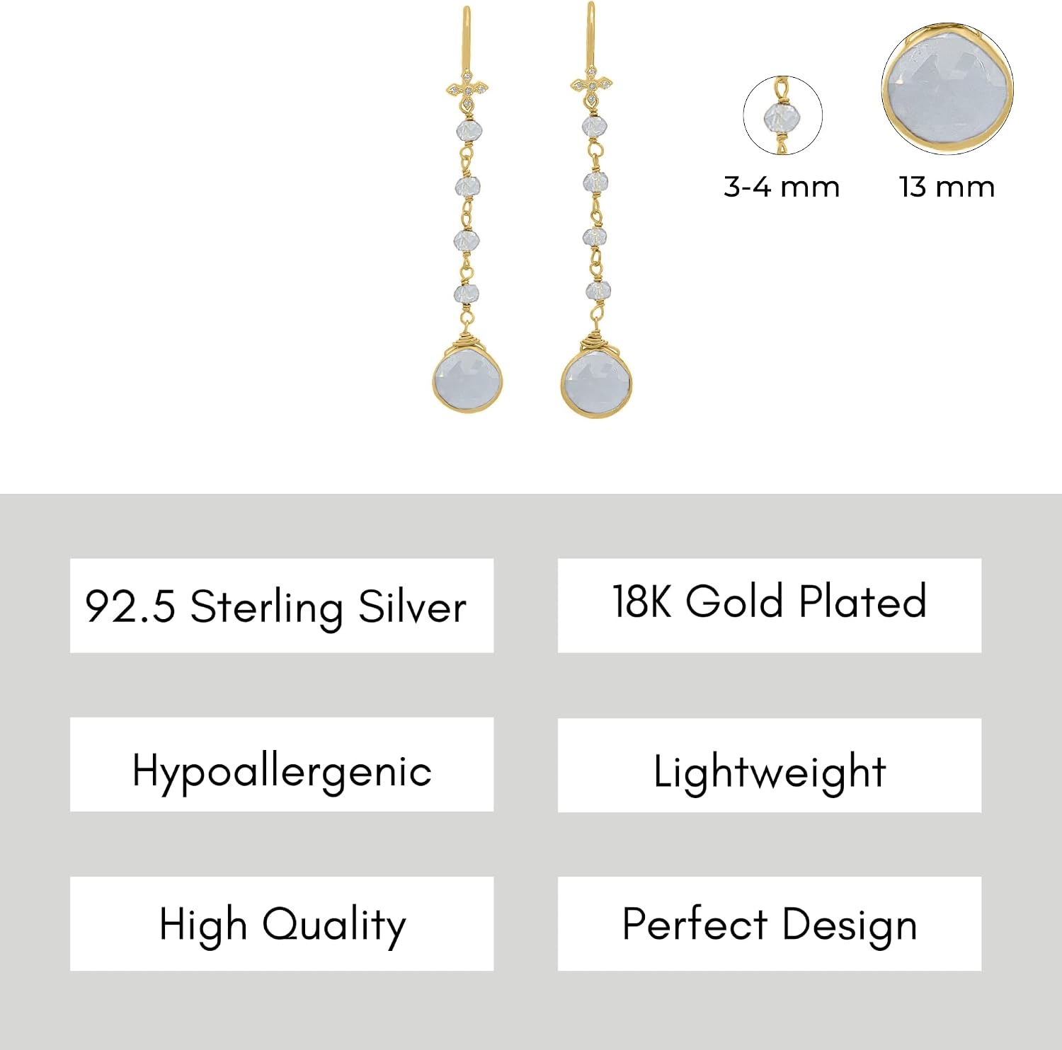 Clear Quartz Earrings for Women in Heart Long Dangle Shape - 18K Gold Vermeil, Certified 925 Sterling Silver Earring - Hypoallergenic Gold Jewelry for Women, Mothers Day Gifts
