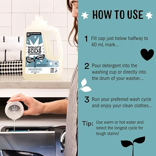 Vista 19 de Molly's Suds Detergente líquido para la ropa, jabón detergente natural para la ropa para pieles sensibles, concentrado 2 veces y de alta eficiencia