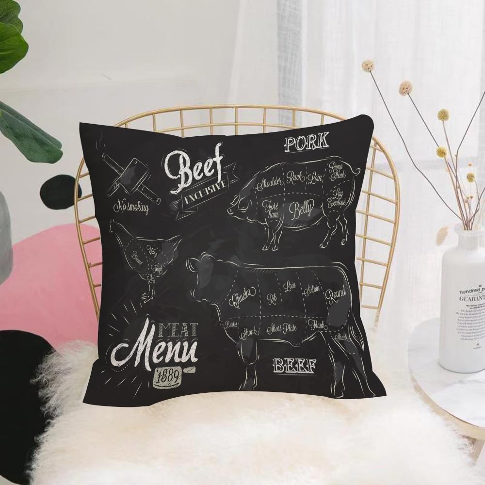 HYOSXW Cushion Cover,Throw Pillow Case Home Decorative for Living Room Bedroom Sofa Chair 16X16 Inch,Meat Menu Chalk Steak Cow Pig Chicken Vintage Style,Pillowcase 40X40cm