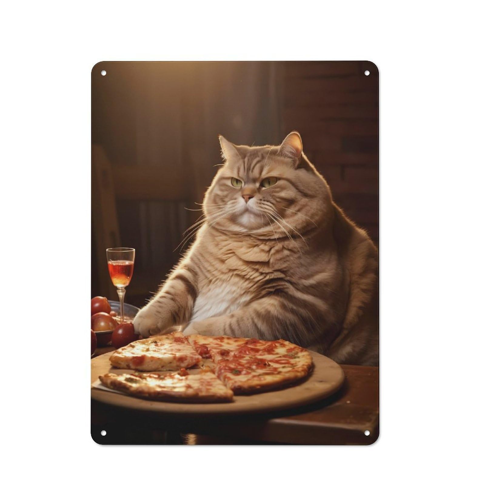 Junmoney Fat Cat Pizza Dinner Food Vintage-Inspired Tin Sign 40X30cm For Café Or Restaurant, For Cooler-Month Interiors With Vintage Character
