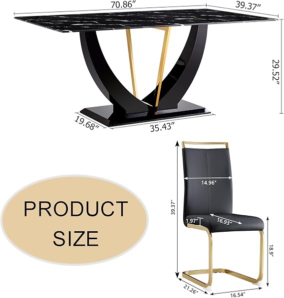 JUFU Dining Table Set for 6 with Chairs PU Upholstered, 71'' Black Glass Dinner Room Table and Chairs, Modern Dining Room Sets for 6, Rectangle Dinner Table Set for Dining Room and Kitchen