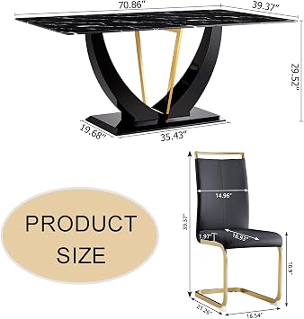 JUFU Dining Table Set for 6 with Chairs PU Upholstered, 71'' Black Glass Dinner Room Table and Chairs, Modern Dining Room Sets for 6, Rectangle Dinner Table Set for Dining Room and Kitchen