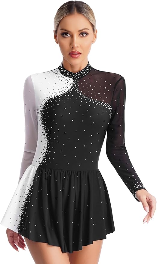 Kaerm Eiskunstlauf Kleid Damen - Strass Glitzer Tanzkleid Mit Handschuhen