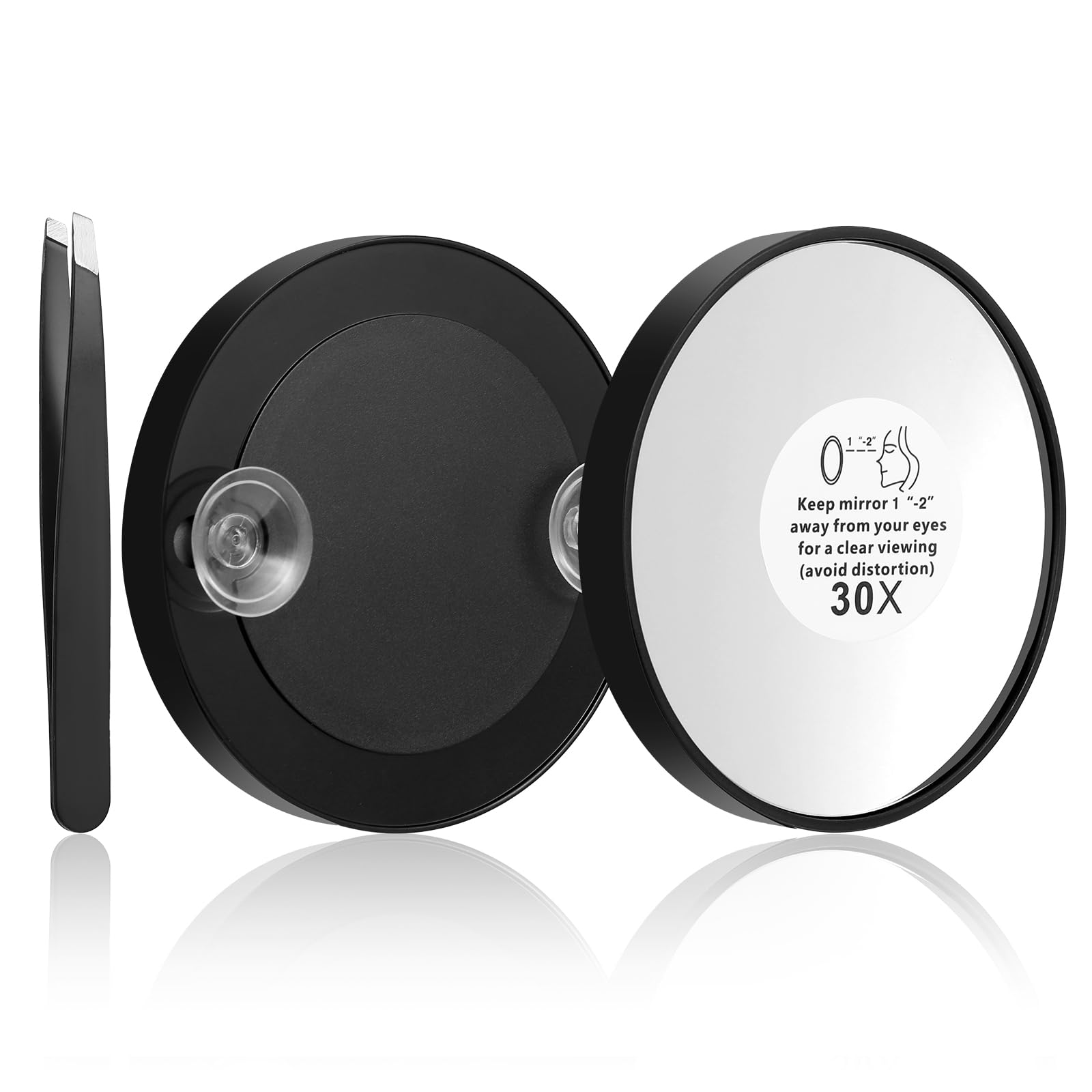 Espejo de aumento de 30 aumentos, espejo de aumento pequeño de 3.5 pulgadas con ventosa, espejo de maquillaje de aumento de viaje con pinzas precisas para depilar las cejas, eliminar el vello facial