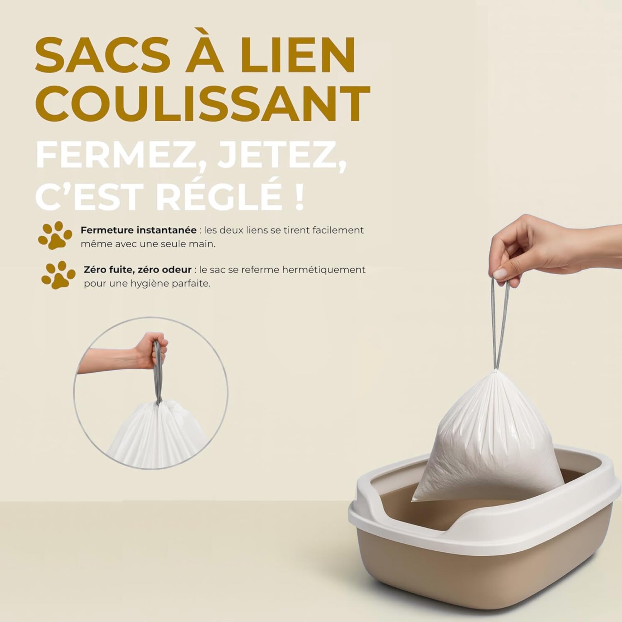 60x Sac Litière Chat XL de protection pour bac à litière avec Cordons de Serrage - Pack Économique Annuel - Hygiéniques, Résistants & Anti-Odeurs