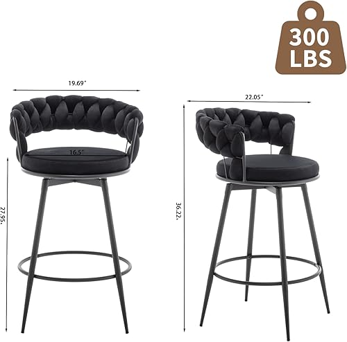 Miniatura 2 de Juego de 2 taburetes de bar giratorios modernos con respaldo tejido, taburetes de bar de terciopelo para isla de cocina, cafetería, pub, negro