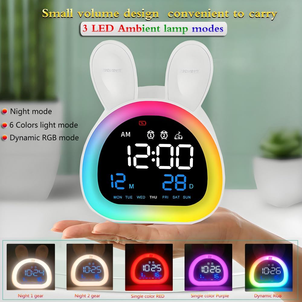 LED Rabbit Intelligent Alarm Clock for Kids Girs with Touch function and Night,Multi-colors lamp,Dynamic RGB lamp modes,Bluetooth auto Sync to time,Sound Control,Mirror Surface and Rechargeable.White