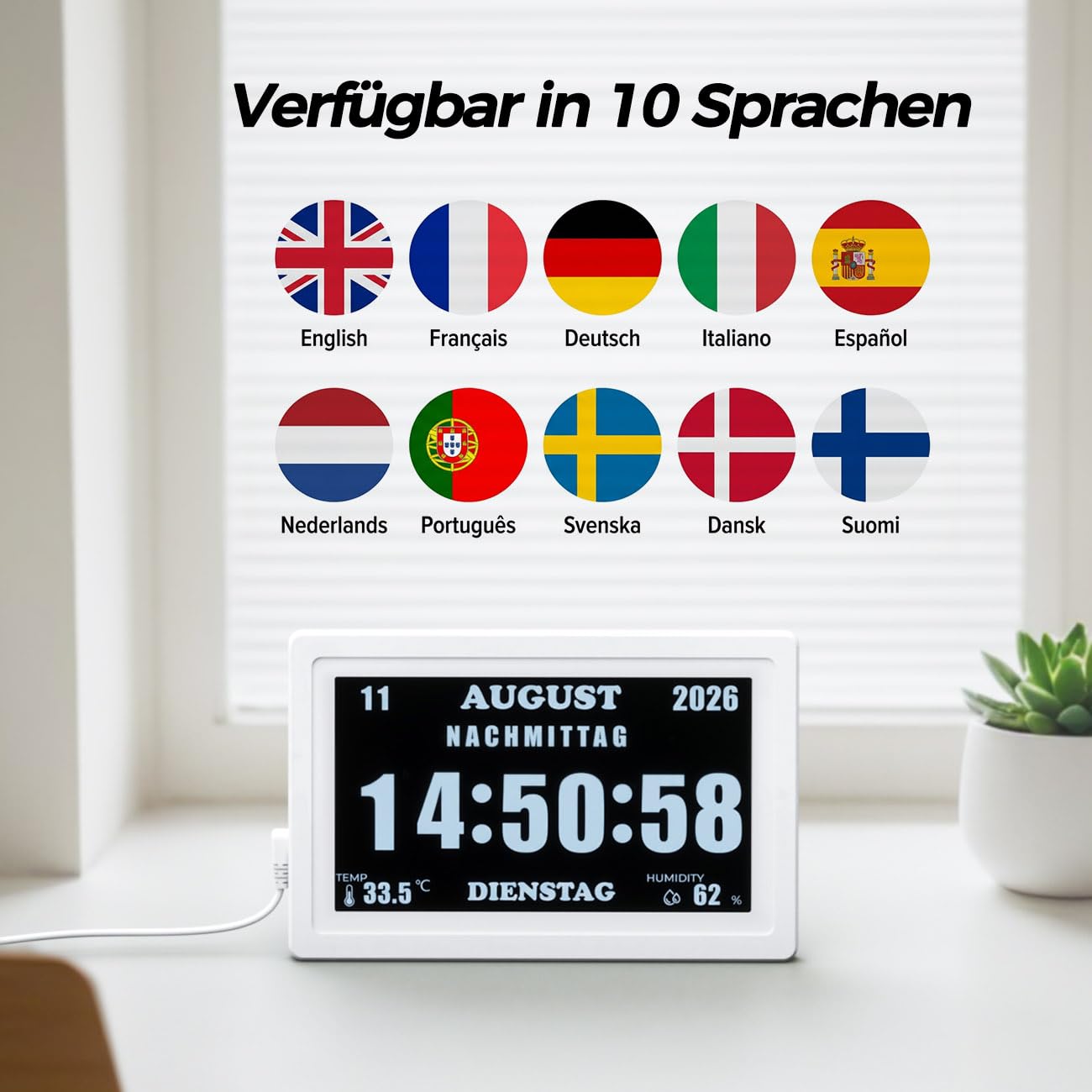 7'' Digitale Demenz-Uhr für Senioren - Große Schriftanzeige mit Uhrzeit, Datum, Wochentag, Temperatur, 5 Alarmen & 10 Erinnerungen, Automatische Dimmung, Weiß