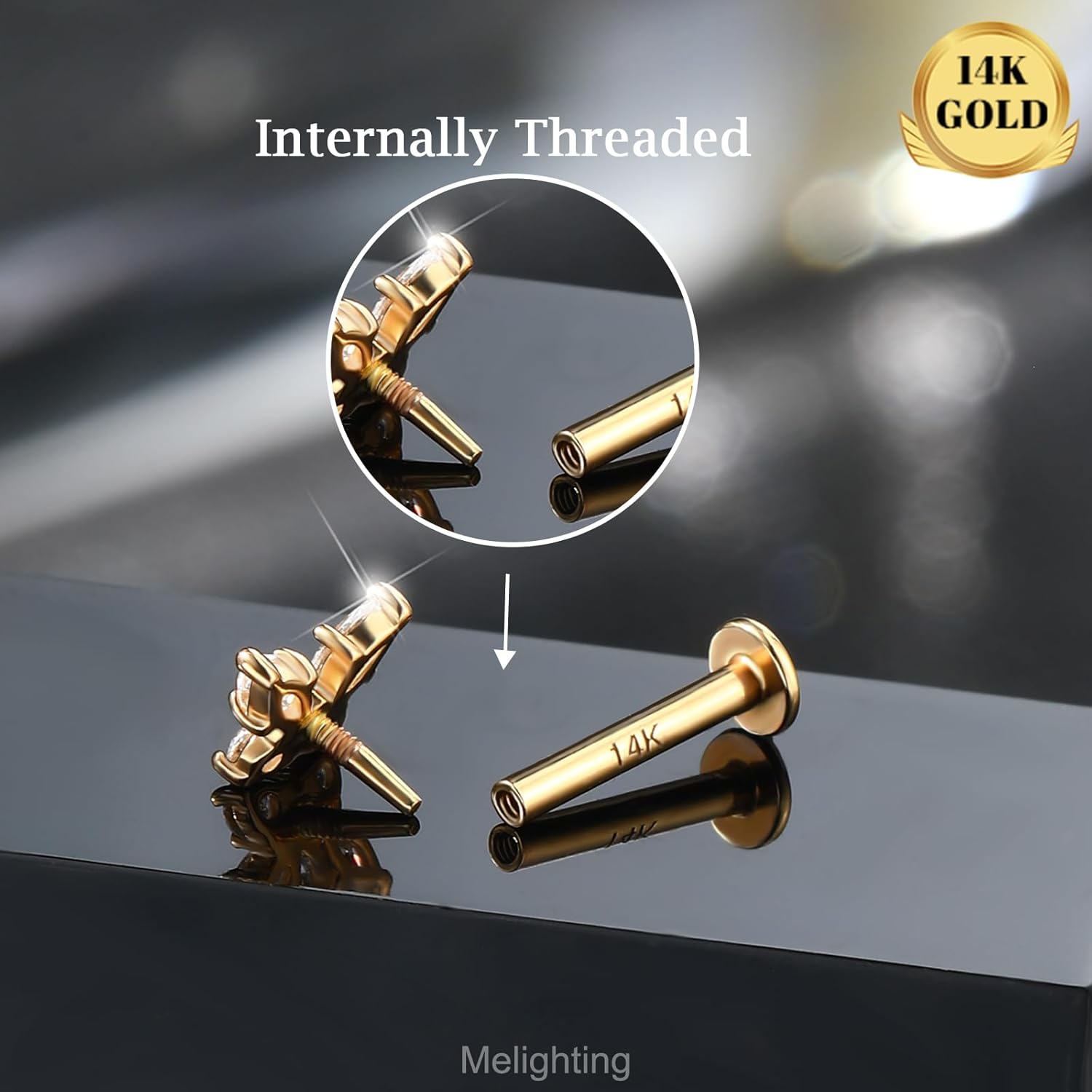 Melighting 14k Solid Gold Cartilage Earring 16G Internally Threaded Butterfly Flat Back Helix Piercing Jewelry Clear CZ Tragus Conch Stud for Women 6/8 mm