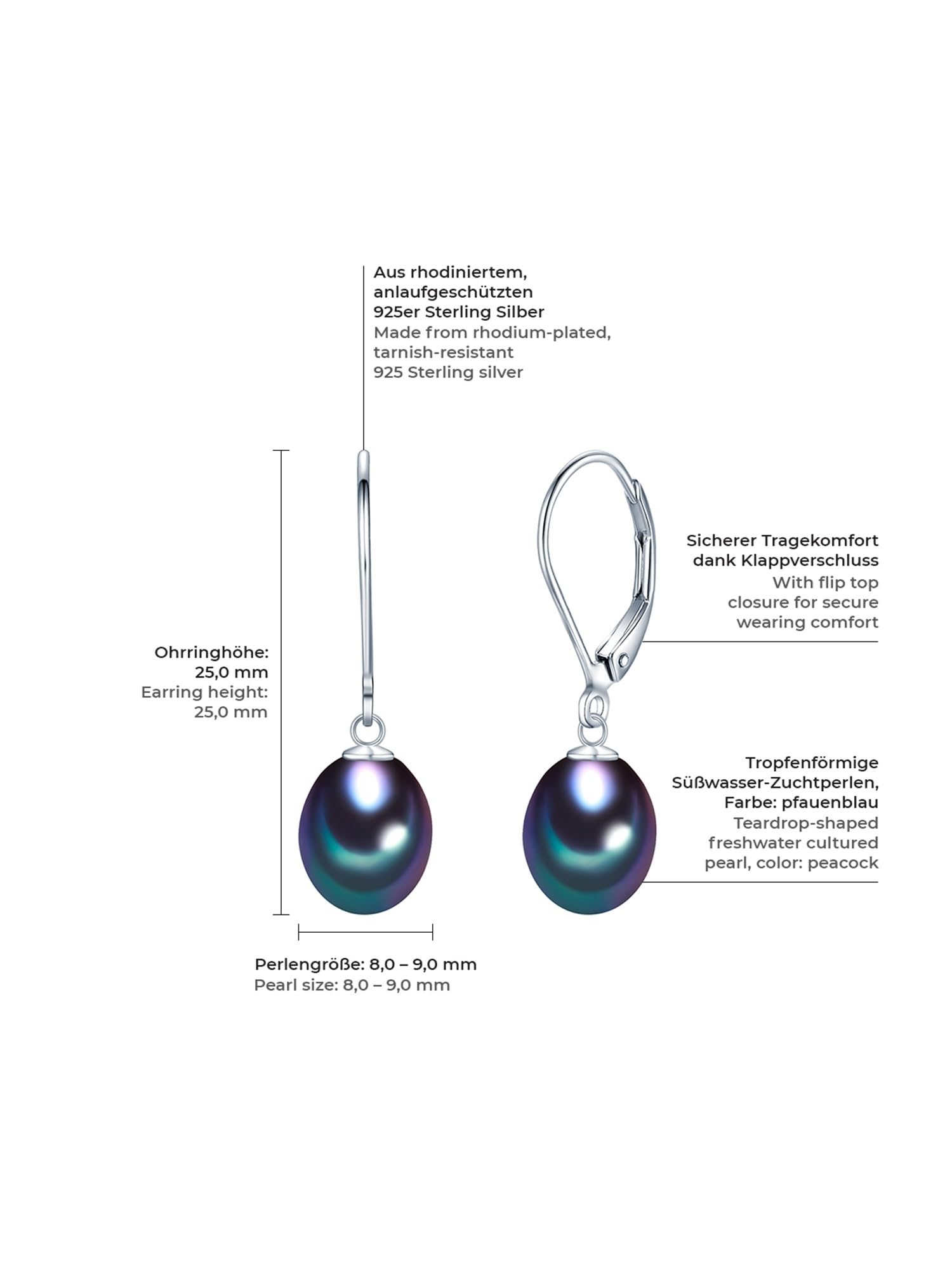 Valero Pearls Damen Perlenohrhänger 925/- Sterling Silber mit echter Perle