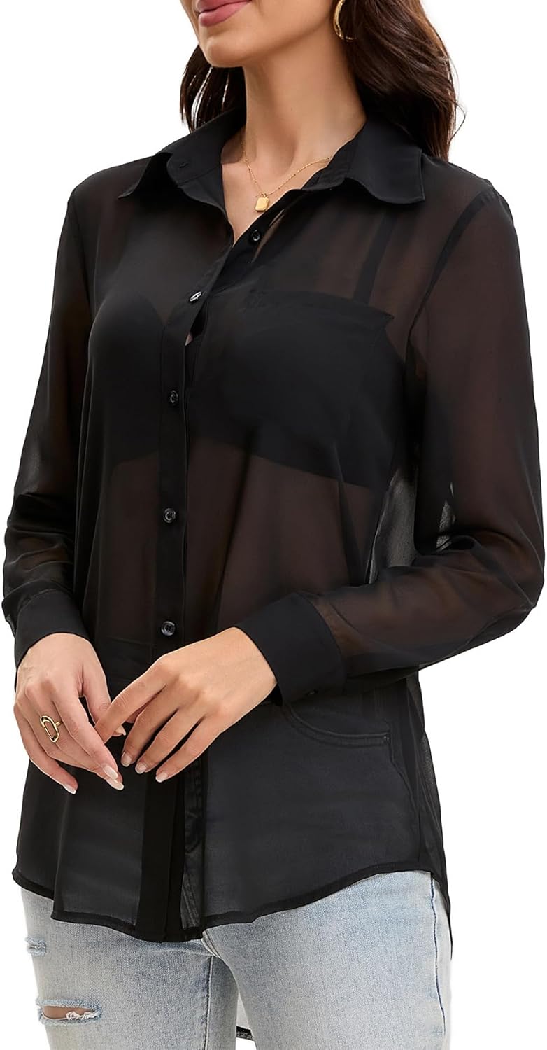 Women Sheer Mesh Button Up Shirt Long Sleeve Sexy See Through Tops Fashion Trendy Mesh Shirts Tops - Image 3
