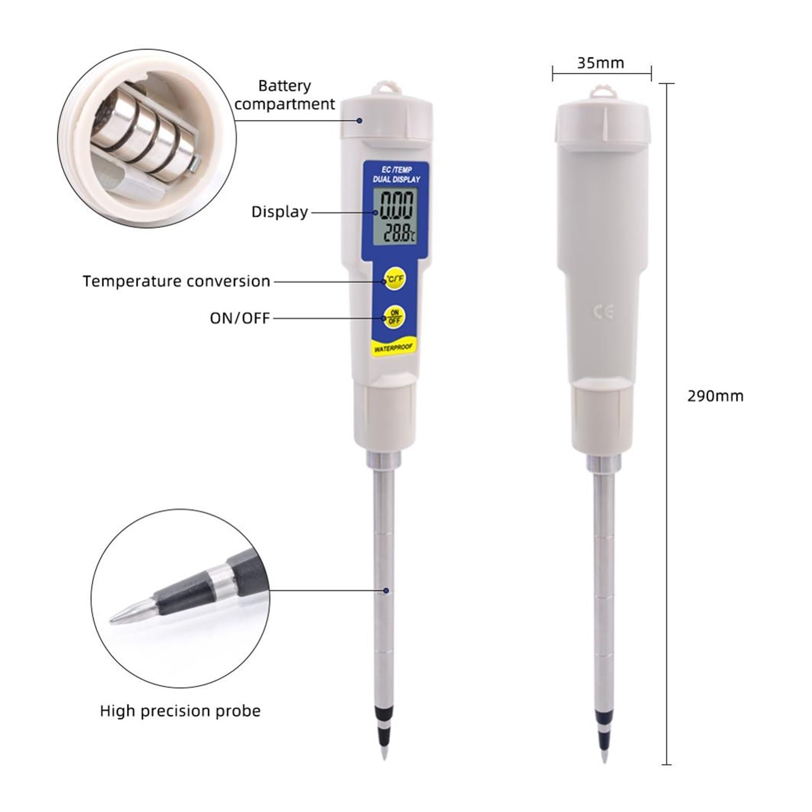 Tester miernika PH, Uniwersalny tester gleby miernik temperatury EC przewodność ℃/℉ z monitorem roślin ATC do sadzenia kwiatów ogrodnictwo pola uprawne,Woda pitna, Hydroponika, SPA, Browarnictwo