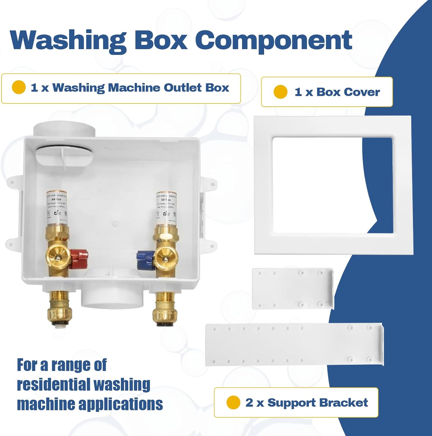 1-PACK GUOFIS Washing Machine Outlet Box with Copper Water Hammer Arrestor, PEX Laundry Washer Box with Central and Side Drain Design(1/2"Push-fit Connection Inlet X 3/4"MHT Outlet)(WM015)