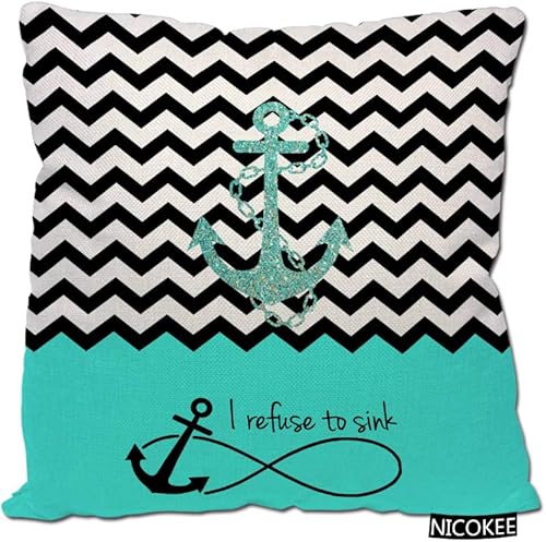Fundas de almohada de lino y algodón, color turquesa, cheurón, zigzag, con citas de ancla infinita, con texto en inglés "I Refuse to Sink ", fundas