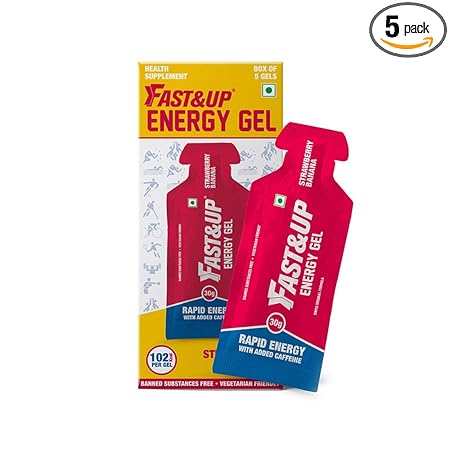 Fast&Up Energy Gel - Instant Energy - Nutrition Supplement - 30g Carbs With Maltodextrin - Vegan - Pack of 5 Gels - Strawberry Banana Flavour
