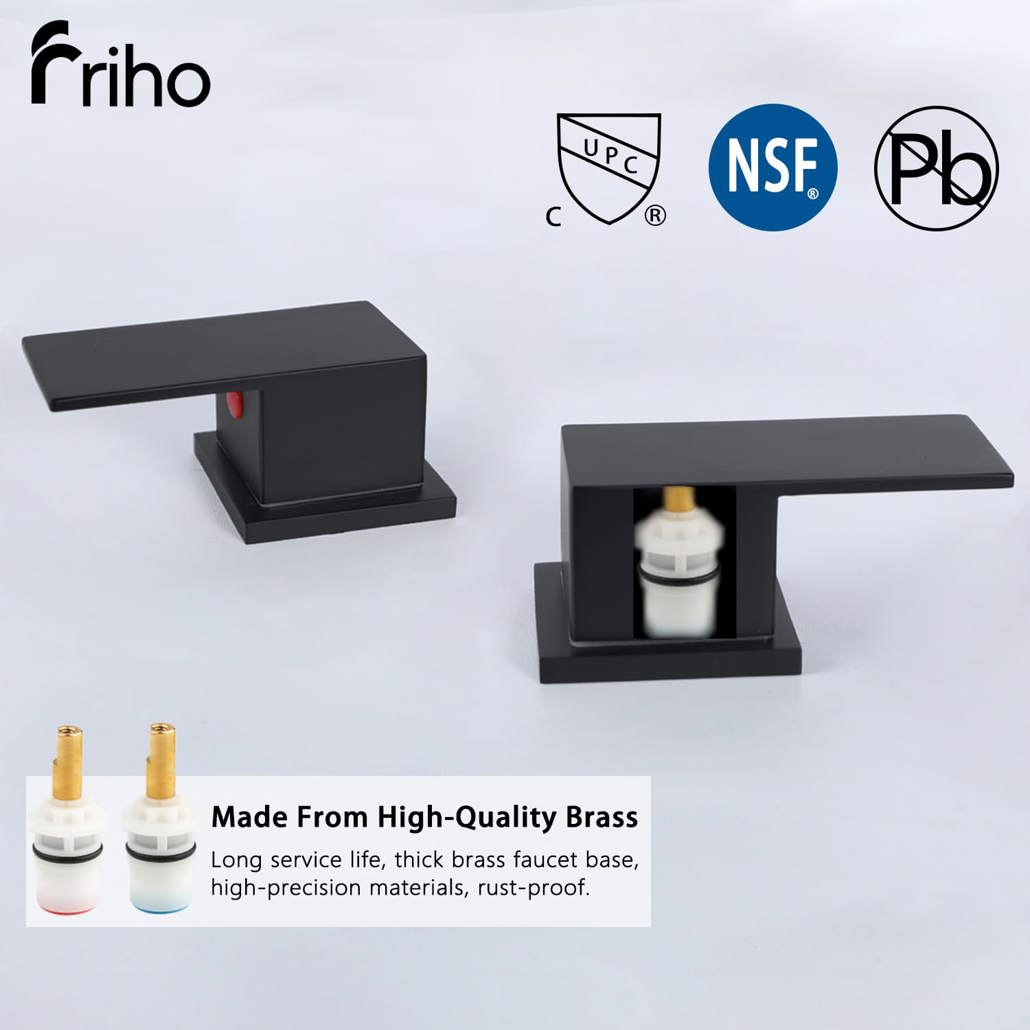 Friho Grifos de baño negros de 3 agujeros, cascada generalizada de 8 pulgadas, grifo cuadrado negro mate con drenaje emergente y líneas de suministro, dos asas para tocador, caravana, baño FR2DC17808B