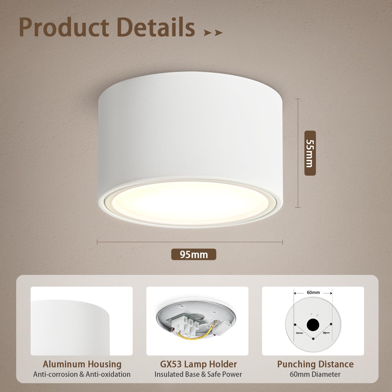 KYOTECH Ściemnialne reflektory LED z reflektorami sufitowymi Ø95 x 55 mm, z modułem LED GX53 7 W 800 LM 230 V, 2700K/4000K/6500K, sufitowy wystający, okrągła lampa sufitowa do salonu, 4 sztuki