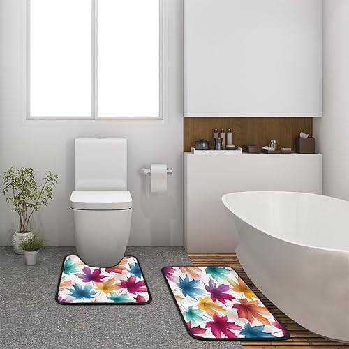 Miniatura 2 de Pardick 2 Pieces Bath Mat Set, Colorful Maple Leaves U-Shaped Bath Mat Toilet Rug Bathroom Mat Set with Bath Rug Mat, Watercolor Maple Leaves Mat